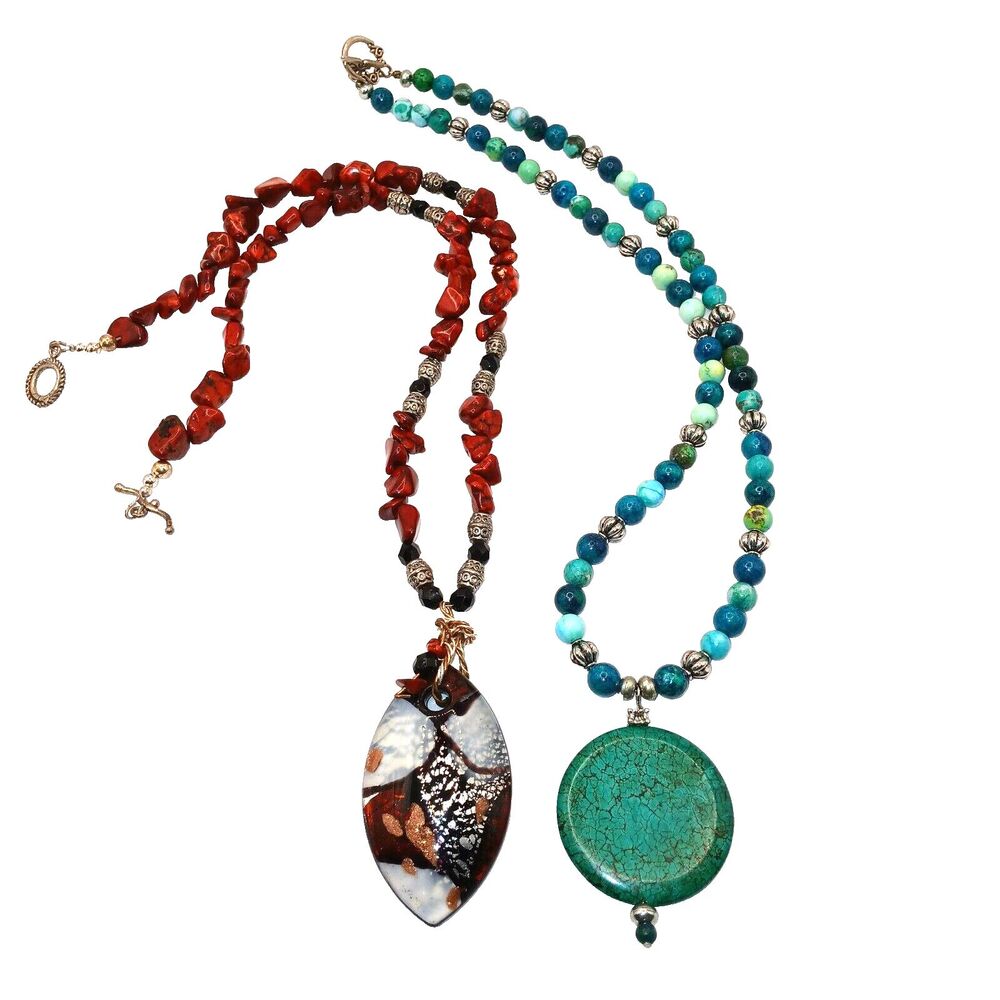 Lot of 2 Handmade Beaded Necklaces Red Black & Blue Green Turquoise Color OOAK
